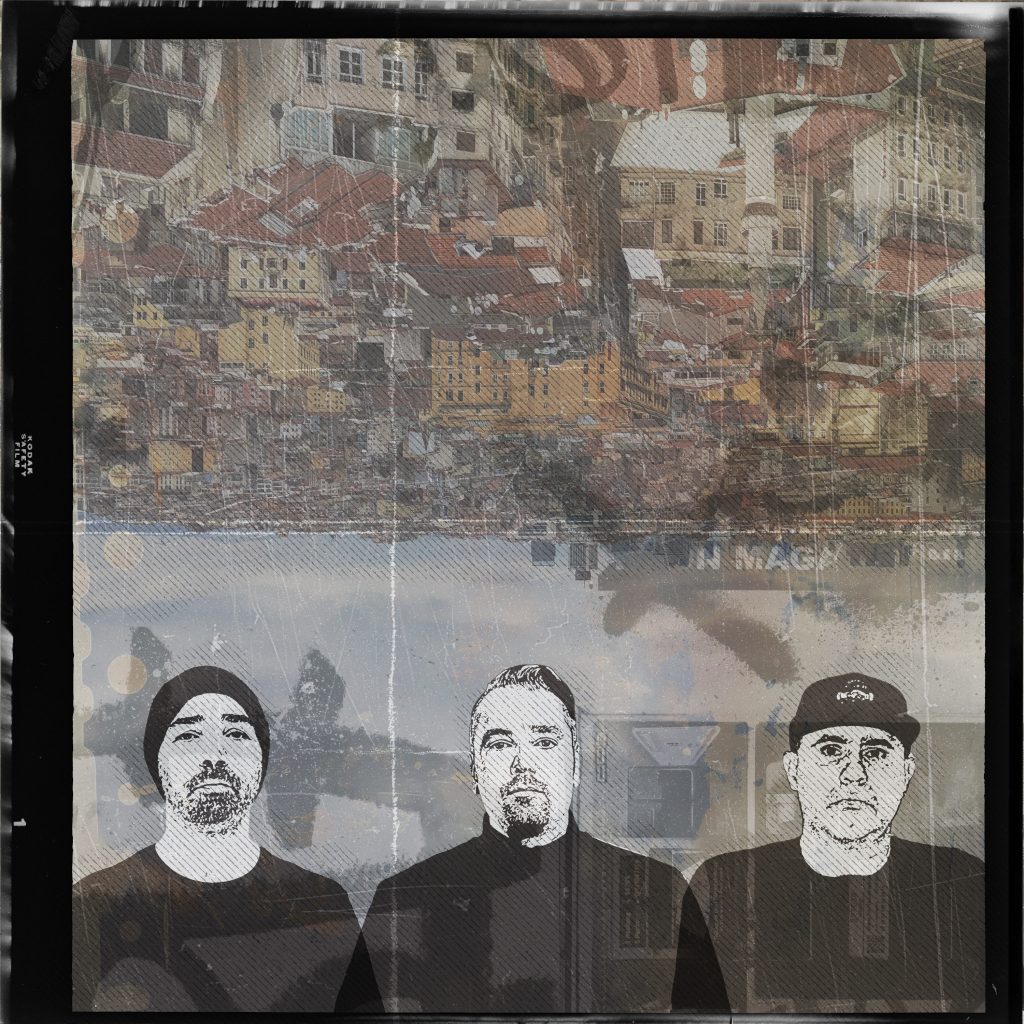 Die Istanbul Stadt Silhouette verkehrt herum. Unten im Graphic-Novel-Stil die Künstler Ayaz Kapli, Erci E. & Volkan T error